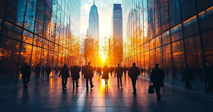 Sunset silhouette of people walking in urban skyline