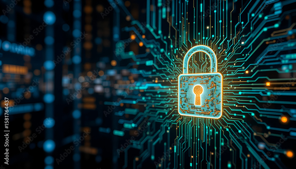 Poster digital security padlock glows on a circuit board, representing cybersecurity, data protection and e