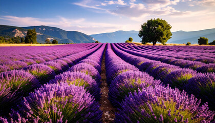 Fototapeta premium Vast lavender field in Provence, sunlit rows stretching towards a lone tree and distant mountains.