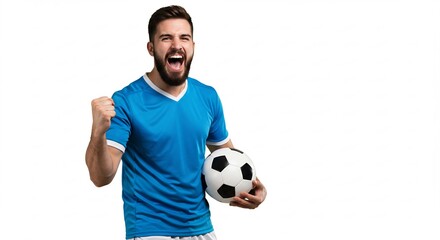 Excited Male Soccer Fan Celebrating Victory, Holding Soccer Ball, White Background