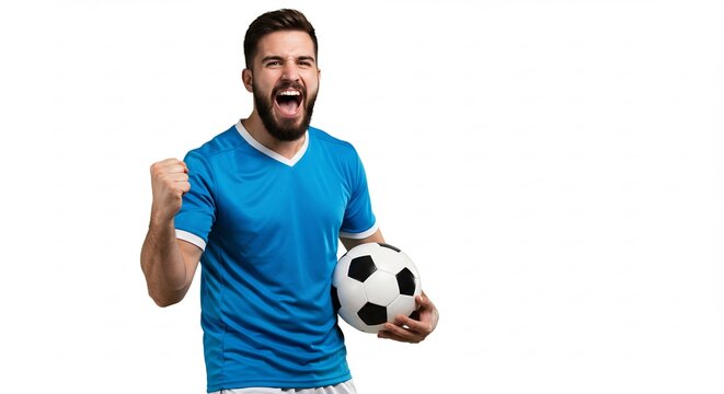 Excited Male Soccer Fan Celebrating Victory, Holding Soccer Ball, White Background