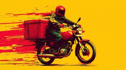 A stylized illustration of a delivery motorcycle rider
