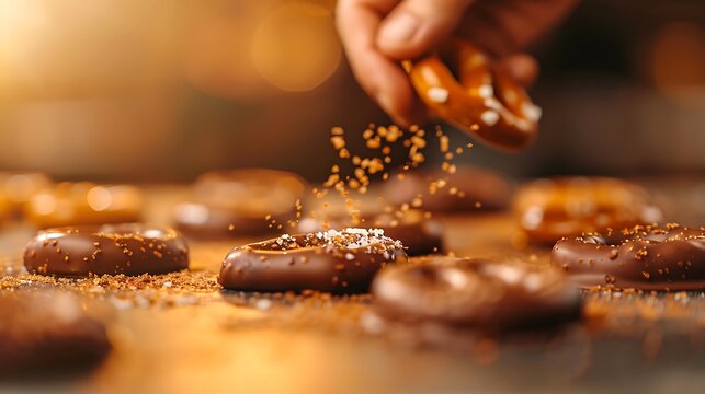 Hand sprinkling salt on chocolate covered pretzels with warm lighting