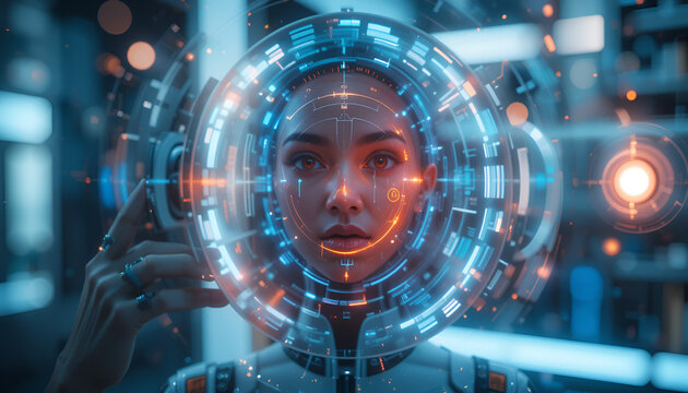 Futuristic portrait presents a woman with an advanced technology helmet, embodying innovation and the merging of humanity with digital interfaces.
