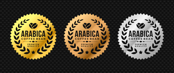 Arabica coffee bean premium quality badge. Gold, bronze, silver circle label. For logo, symbol, tag, mark, sticker. Vector Illustration