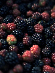 Close Up of Ripe Blackberries and Red Raspberries. A Detailed Image of Fresh Berries.