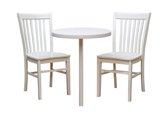 Modern white dining set with round table and two chairs on transparent background, PNG