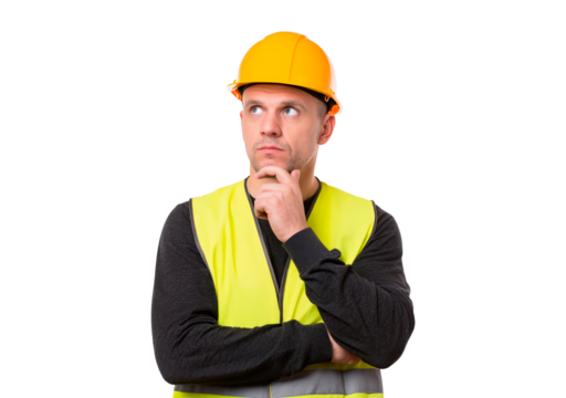 Thoughtful man construction worker in safety gear pondering on transparent background, PNG