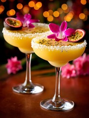 Two Passion Fruit Cocktails Garnished with Orchids. A close up image of two vibrant yellow cocktails, each rimmed with coconut flakes and decorated with a passion fruit half and orchid.