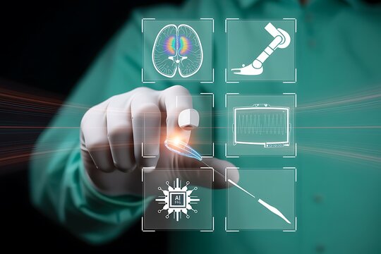 Futuristic medical technology interface with brain scan robotic arm and A I chip image