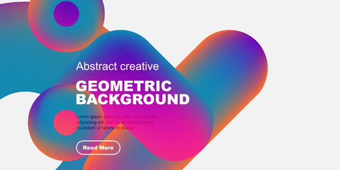 Obraz premium Vibrant abstract shapes overlap black backdrop. Text promotes geometric background design, includes call to action button.