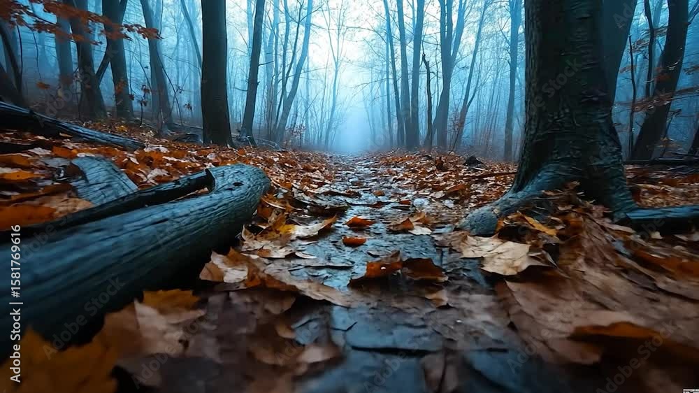 Poster low angle view of a forest path covered in fallen autumn leaves, a dark log in the foreground, and a