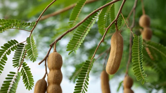 Discover a tamarind tree showcasing its ripe fruits and delicate green leaves, highlighting the natural beauty of tropical flora and agricultural bounty in a close-up view.