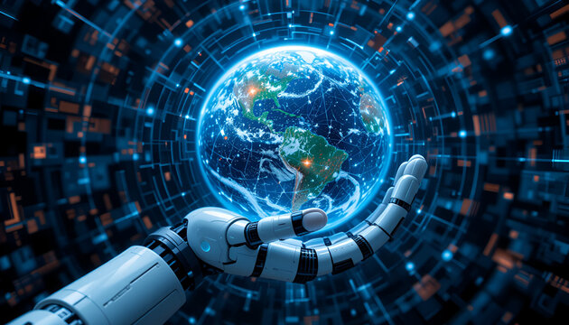 Earth globe held by a robotic arm, showcasing technology and global connectivity with a futuristic digital background.
