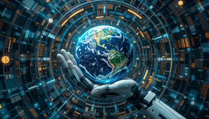 A robotic hand gently holds a vibrant Earth globe against a futuristic digital backdrop highlighting technology and planetary stewardship.