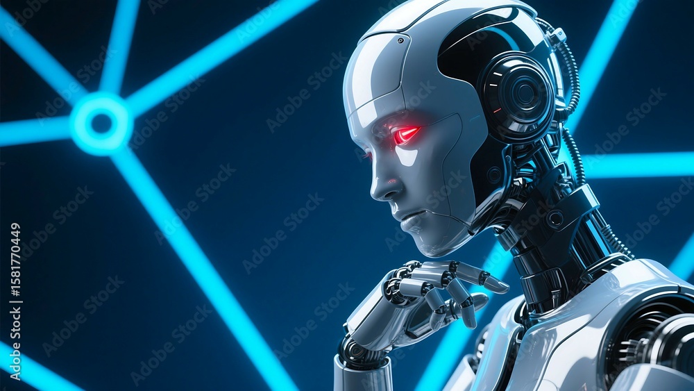 Poster futuristic ai robot with red eyes thinking about artificial intelligence and machine learning techno