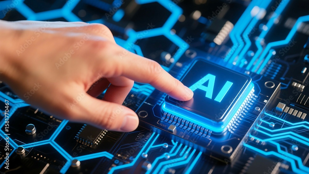Poster artificial intelligence ai chip technology innovation future computing hand on ai microchip concept