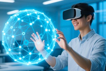 Asian man using vr headset interacting with digital sphere virtual reality metaverse technology concept
