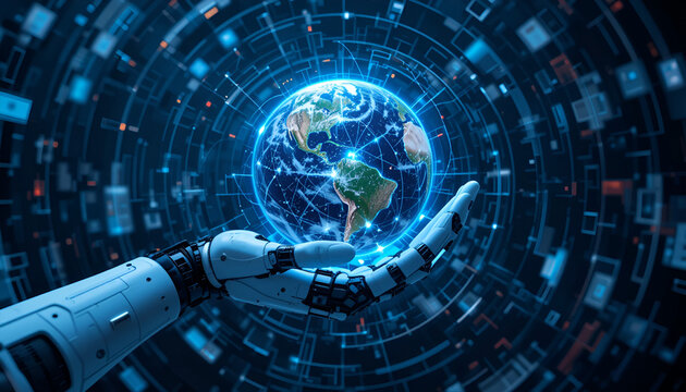 Robotic arm cradles a luminous Earth globe amidst a network of blue digital lines, symbolizing global technology and innovation.