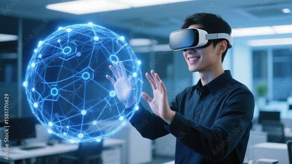 Poster man using virtual reality headset interacting with digital sphere in modern office environment desig