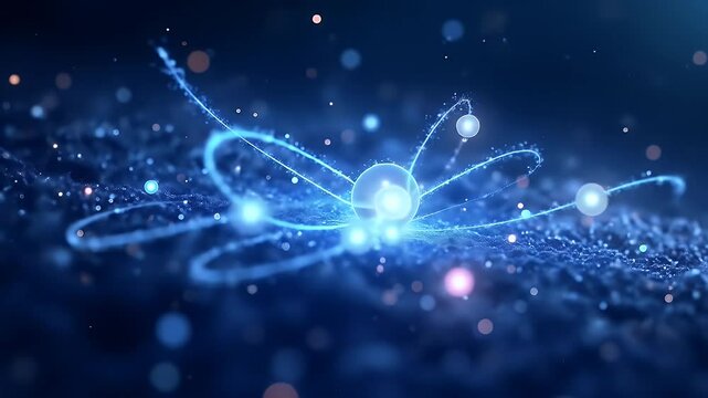 Visual representation of subatomic particles interacting in a glowing quantum field, with entanglement lines and motion trails, in a deep-space environment.
