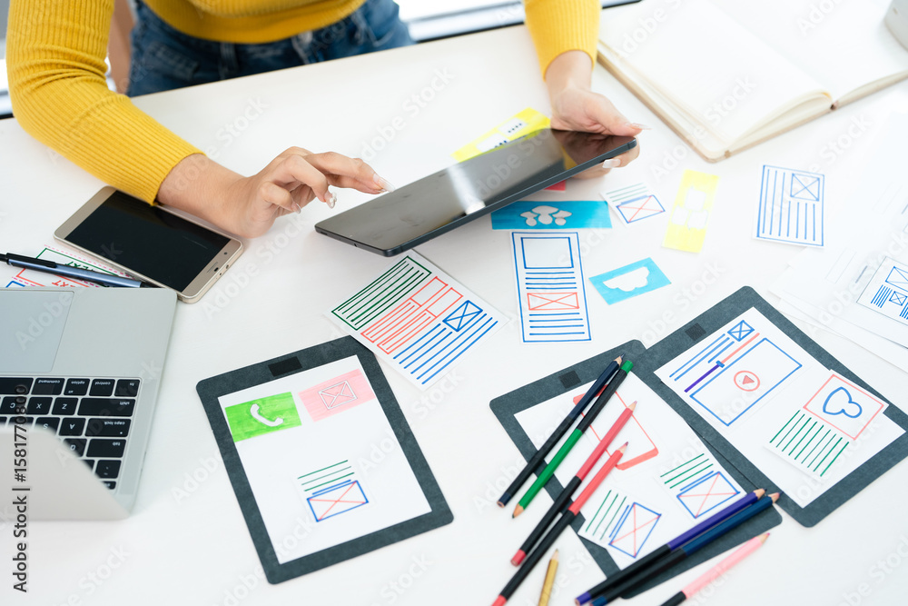 Poster website designer, creative planning phone app development template layout framework wireframe design