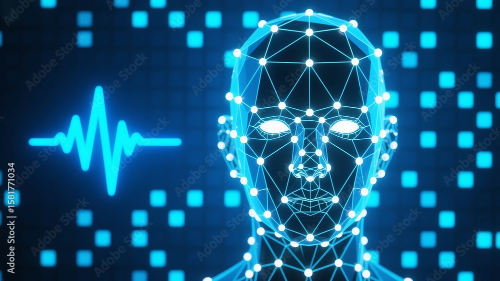 Poster artificial intelligence face recognition technology ai neural network digital human head scan concep