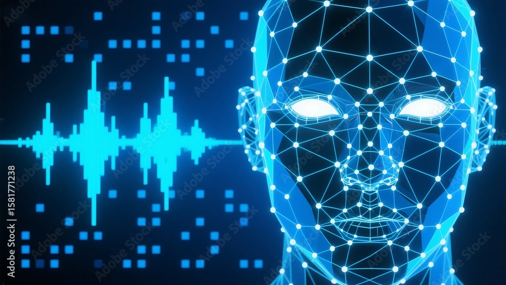 Aufkleber artificial intelligence ai digital face with sound wave technology and data visualization concept