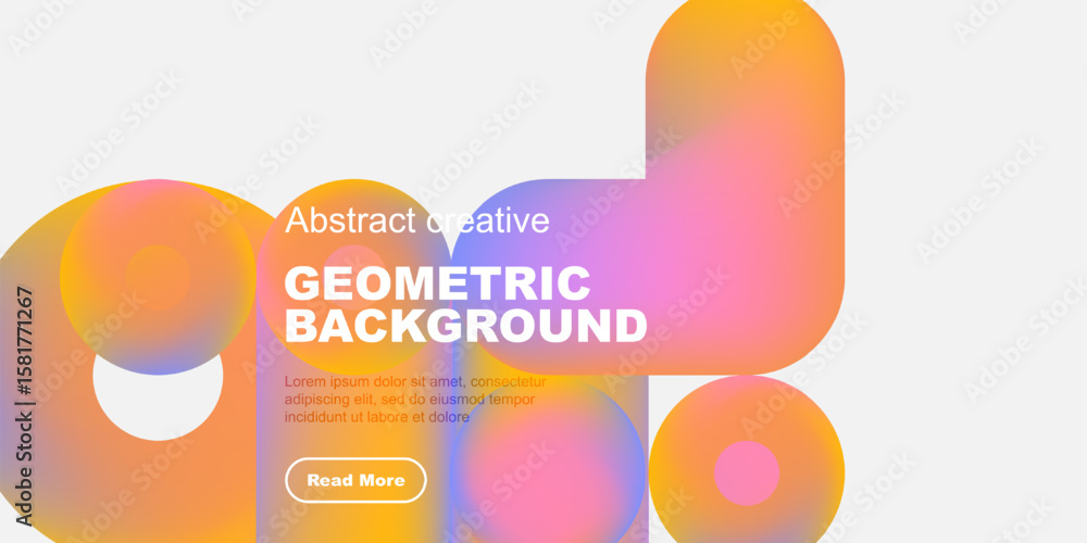 Poster abstract geometric shapes overlap, creating vibrant colorful background. text block with button pres