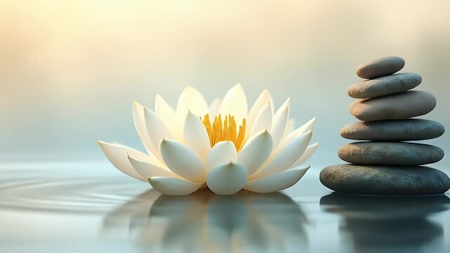 Single blooming lotus flower next to a stack of zen stones floating gently on calm water, with soft pastel background gradients and morning mist effect.

