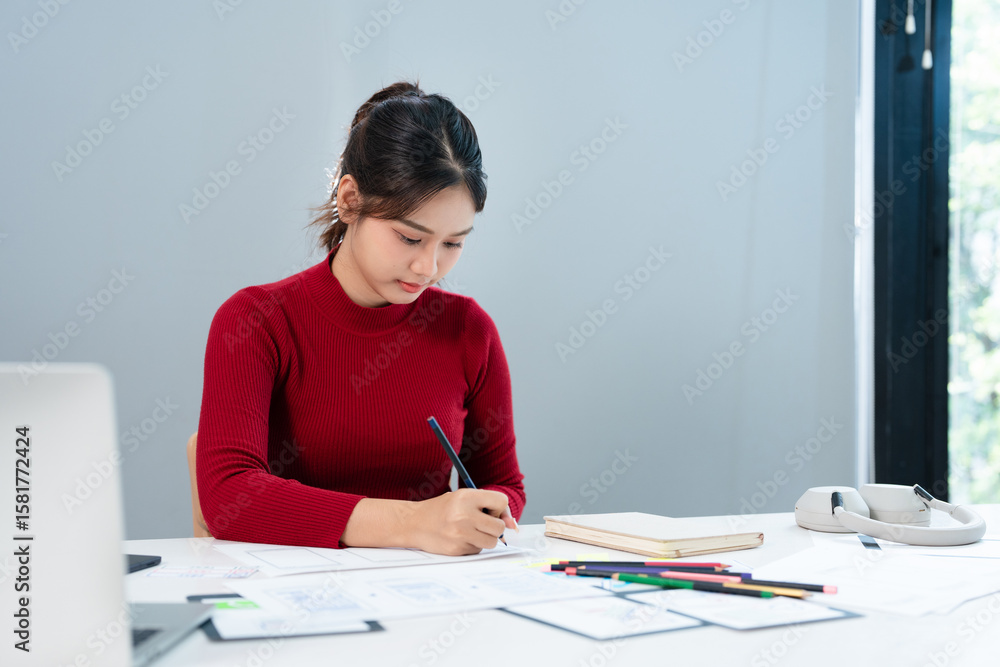 Poster ui ux designer drawing new website wireframe.