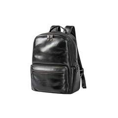 Sleek black leather backpack is displayed against a dark backdrop, showcasing its refined design and practical features for travel, business or everyday carry, transparent background