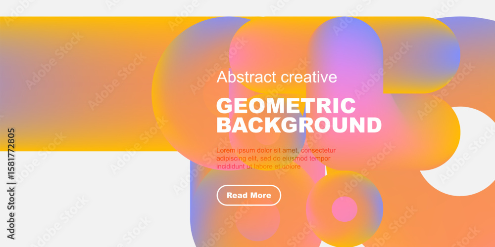 Poster abstract geometric background features vibrant overlapping shapes, text, button. modern design with 