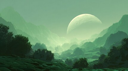 Misty, emerald-hued valley with mountains and a large moon