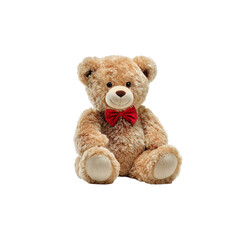 Delightful teddy bear sits gently, adorned with a red bow tie, presenting a comforting toy against a clean, minimalist transparent background ideal for various applications.