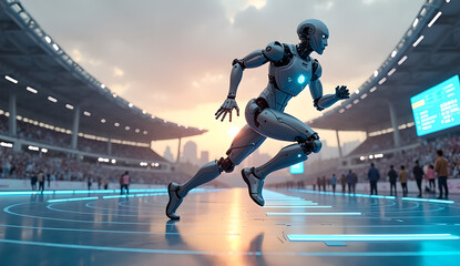 a robot is running in the stadium surrounded by many spectators