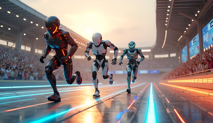 Three robots are taking part in a running race in the stadium, watched by many spectators.