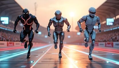 Three robots are taking part in a running race in the stadium, watched by many spectators.