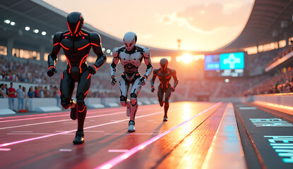 Three robots are taking part in a running race in the stadium, watched by many spectators.