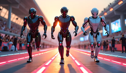Three robots are taking part in a running race in the stadium, watched by many spectators.