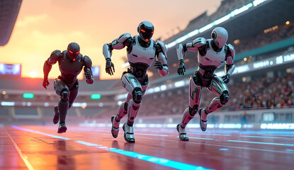 Three robots are taking part in a running race in the stadium, watched by many spectators.