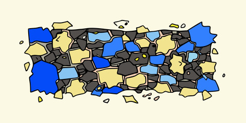 Abstract Mosaic Pattern with Blue Yellow and Gray Stones Hand Drawn Style Isolated on a Light Background