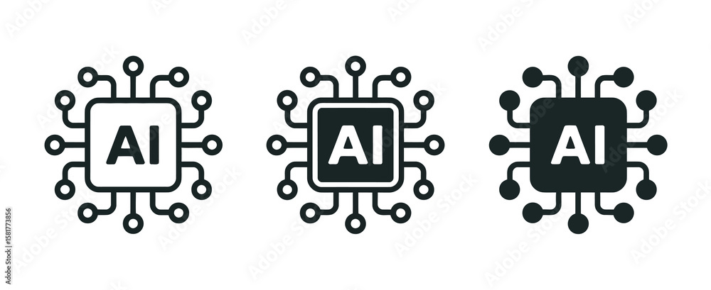 Poster artificial intelligence icon set featuring ai processor chip, circuit symbols, and mini cpu designs 