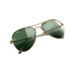 Stylish aviator sunglasses with golden frames and green lenses are presented against a stark transparent background, showcasing classic eyewear fashion and design.