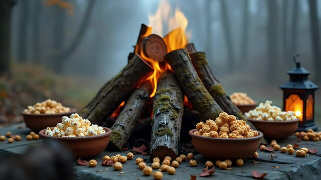 Stacked wooden logs arranged in a bonfire shape with popcorn, sesame chikki, and groundnuts in rustic bowls placed around, on a cold foggy background.
