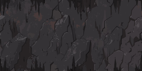 Dark and Mysterious Cave Wall Background with Stalactites and Rock Formations for Game Design and Illustration