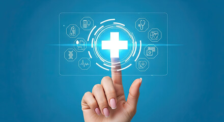 Healthcare Technology Concept: Woman's Hand Interacting with Digital Medical Interface on Blue Background, Representing Telemedicine and Health Innovation