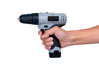 Hand holding a cordless power drill with black and white design on transparent background, PNG