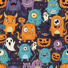 Cute Cartoon Halloween Monsters Seamless Pattern