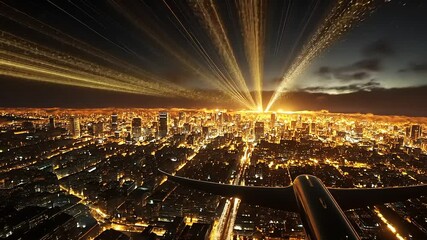 Aerial view of a vibrant city skyline at night with bright lights and an airplane in the foreground - Powered by Adobe